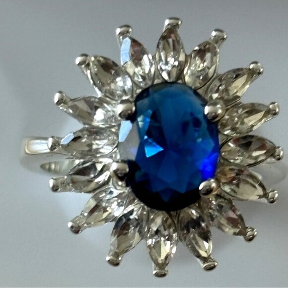 Silver Plated Blue Oval Gemstone Ring With Clear Crystal Accents Size 6 - Picture 3 of 4